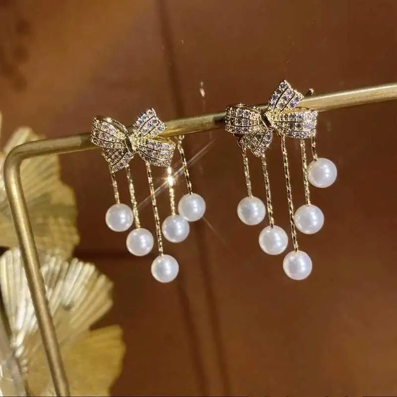 Paved Bow Pearl Tassel Earrings, Niche Design, Elegant Minimalist Jewelry