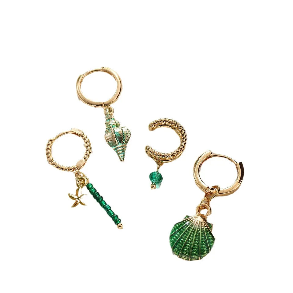 Boho Ocean Shell Conch Starfish Earring Set 4Pcs Green Enamel Bead Dangle Hoop Earrings Cuff Ear Clip Summer