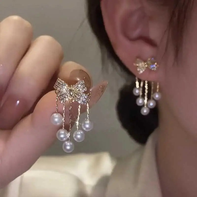 Paved Bow Pearl Tassel Earrings, Niche Design, Elegant Minimalist Jewelry