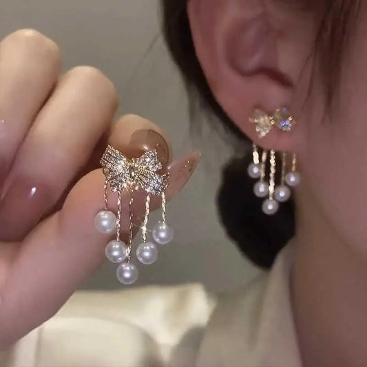Paved Bow Pearl Tassel Earrings, Niche Design, Elegant Minimalist Jewelry