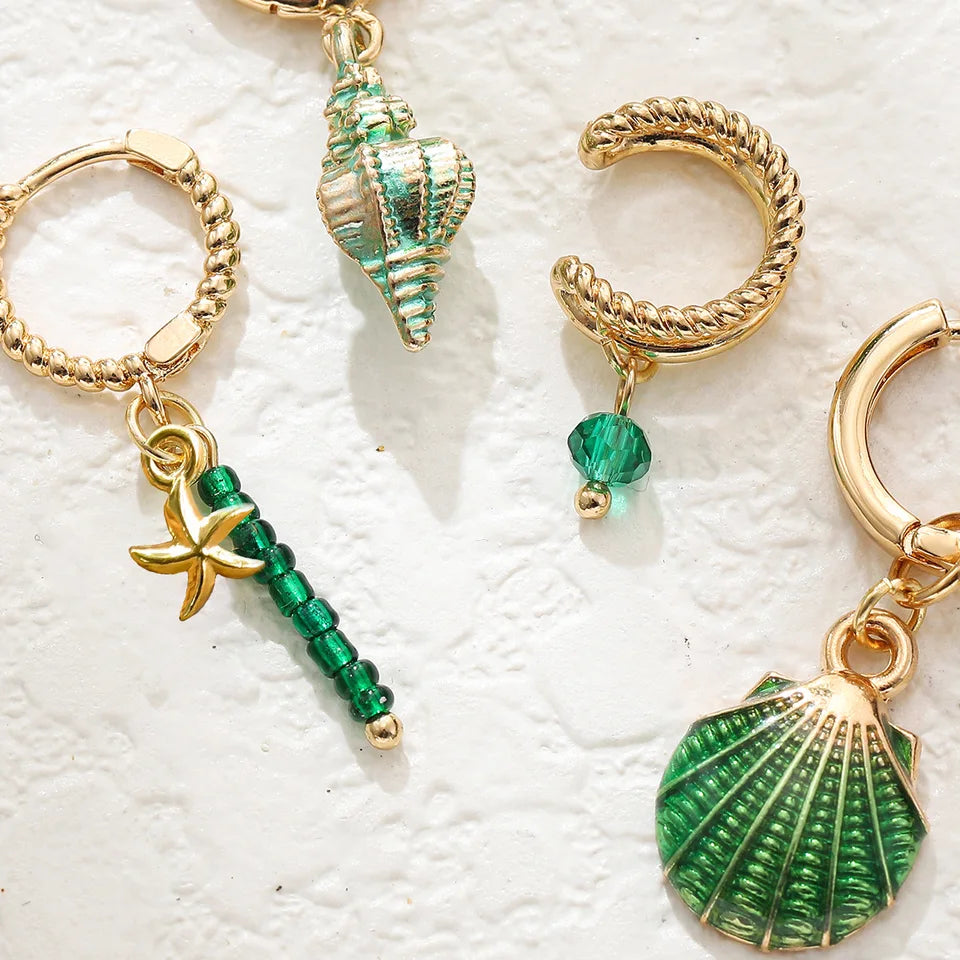 Boho Ocean Shell Conch Starfish Earring Set 4Pcs Green Enamel Bead Dangle Hoop Earrings Cuff Ear Clip Summer