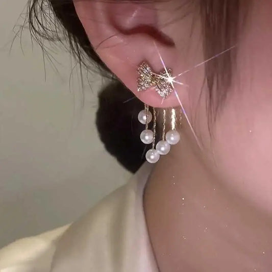 Paved Bow Pearl Tassel Earrings, Niche Design, Elegant Minimalist Jewelry