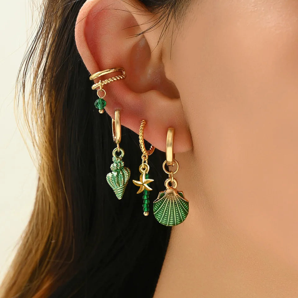 Boho Ocean Shell Conch Starfish Earring Set 4Pcs Green Enamel Bead Dangle Hoop Earrings Cuff Ear Clip Summer