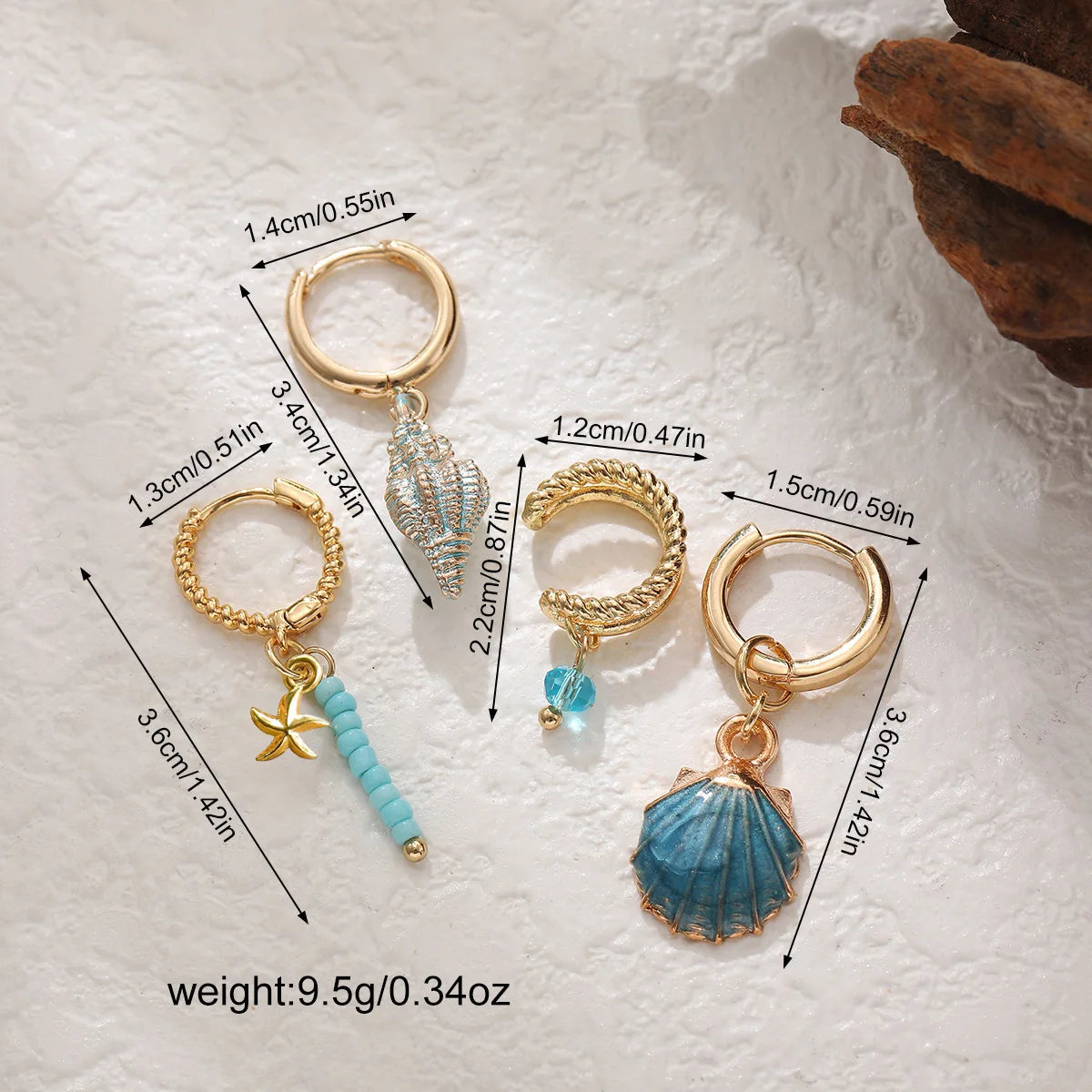 Boho Ocean Shell Conch Starfish Earring Set 4Pcs Green Enamel Bead Dangle Hoop Earrings Cuff Ear Clip Summer