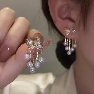 Paved Bow Pearl Tassel Earrings, Niche Design, Elegant Minimalist Jewelry