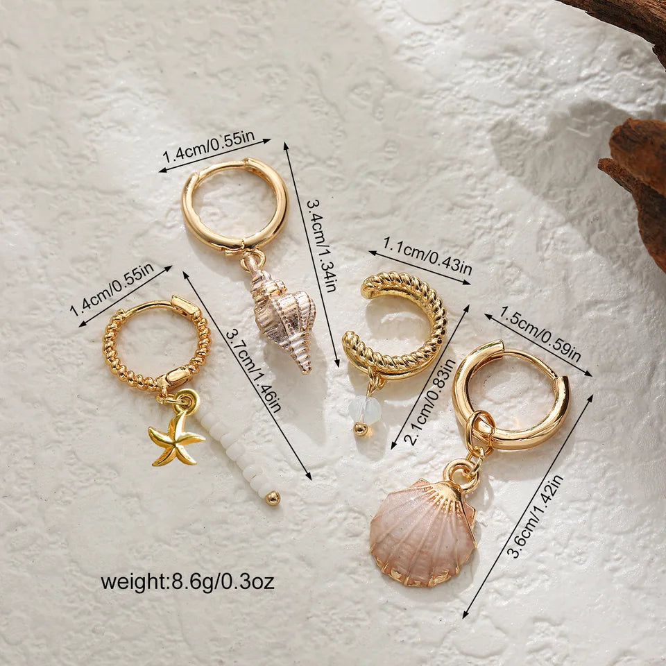 Boho Ocean Shell Conch Starfish Earring Set 4Pcs Green Enamel Bead Dangle Hoop Earrings Cuff Ear Clip Summer