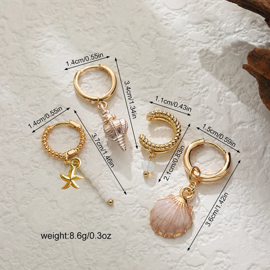 Boho Ocean Shell Conch Starfish Earring Set 4Pcs Green Enamel Bead Dangle Hoop Earrings Cuff Ear Clip Summer