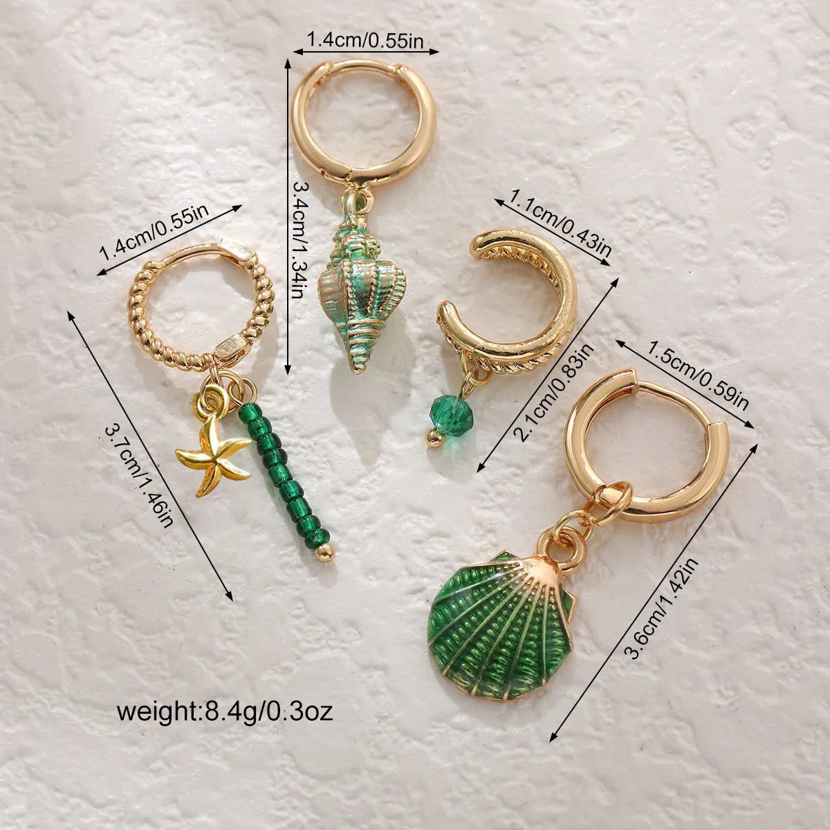 Boho Ocean Shell Conch Starfish Earring Set 4Pcs Green Enamel Bead Dangle Hoop Earrings Cuff Ear Clip Summer