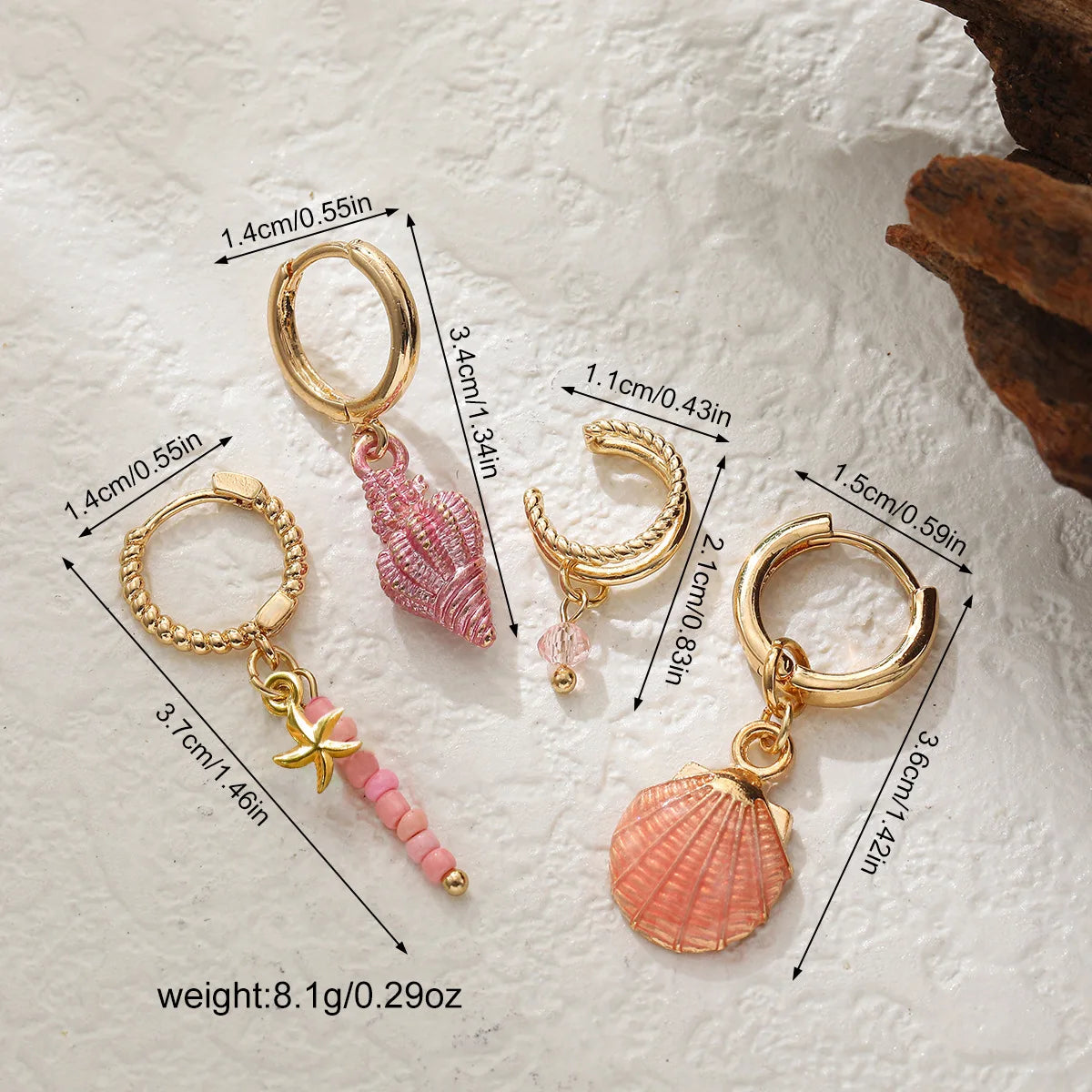 Boho Ocean Shell Conch Starfish Earring Set 4Pcs Green Enamel Bead Dangle Hoop Earrings Cuff Ear Clip Summer