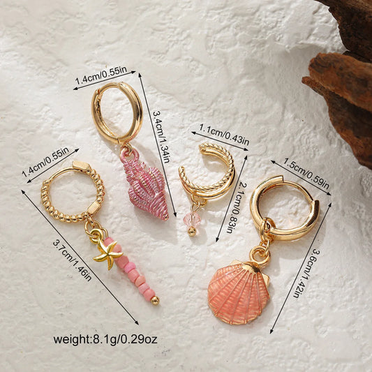 Boho Ocean Shell Conch Starfish Earring Set 4Pcs Green Enamel Bead Dangle Hoop Earrings Cuff Ear Clip Summer