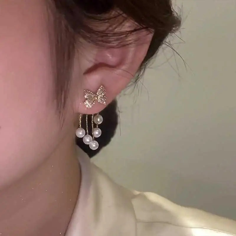 Paved Bow Pearl Tassel Earrings, Niche Design, Elegant Minimalist Jewelry